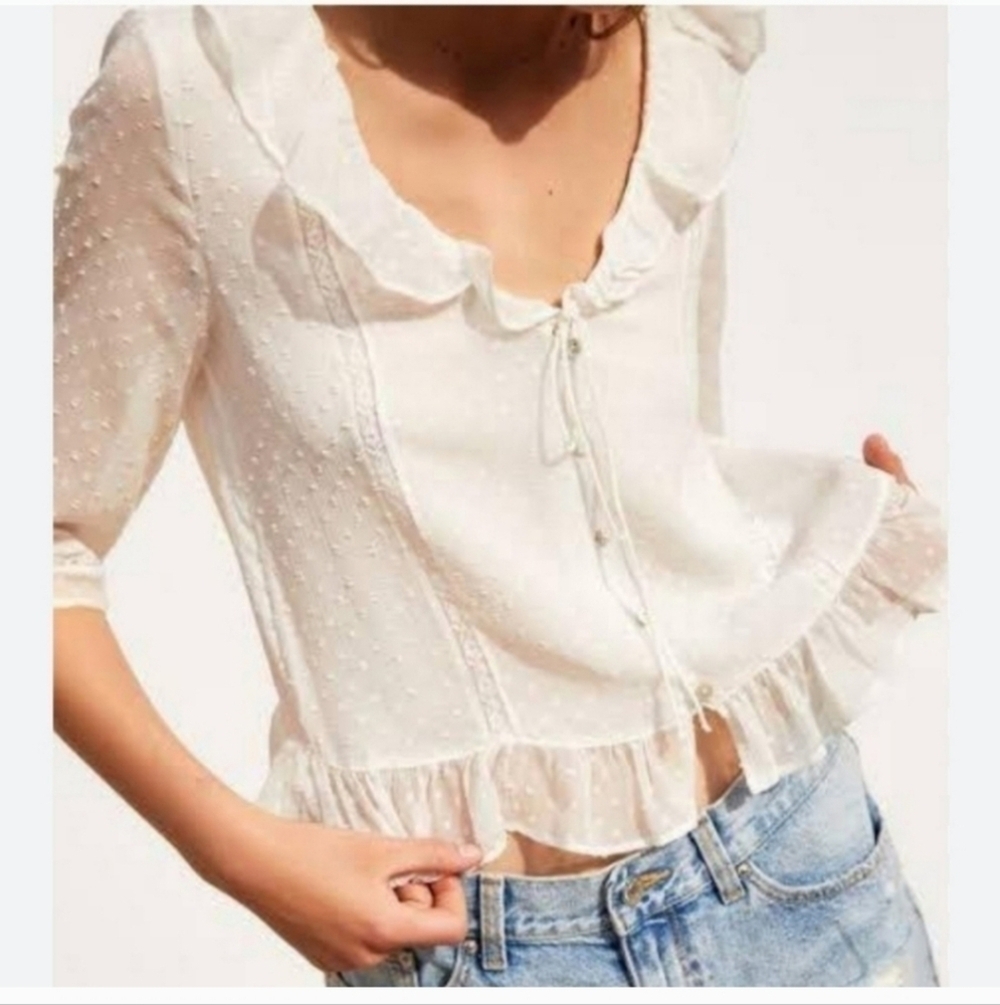 Zara Women's Ruffle Dotted Mesh White Button Up Blouse Size Small